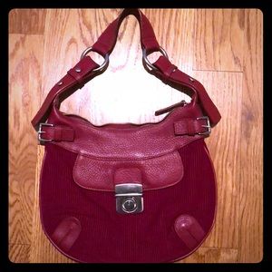 Nicole Miller Small Red Leather & Corduroy Bag